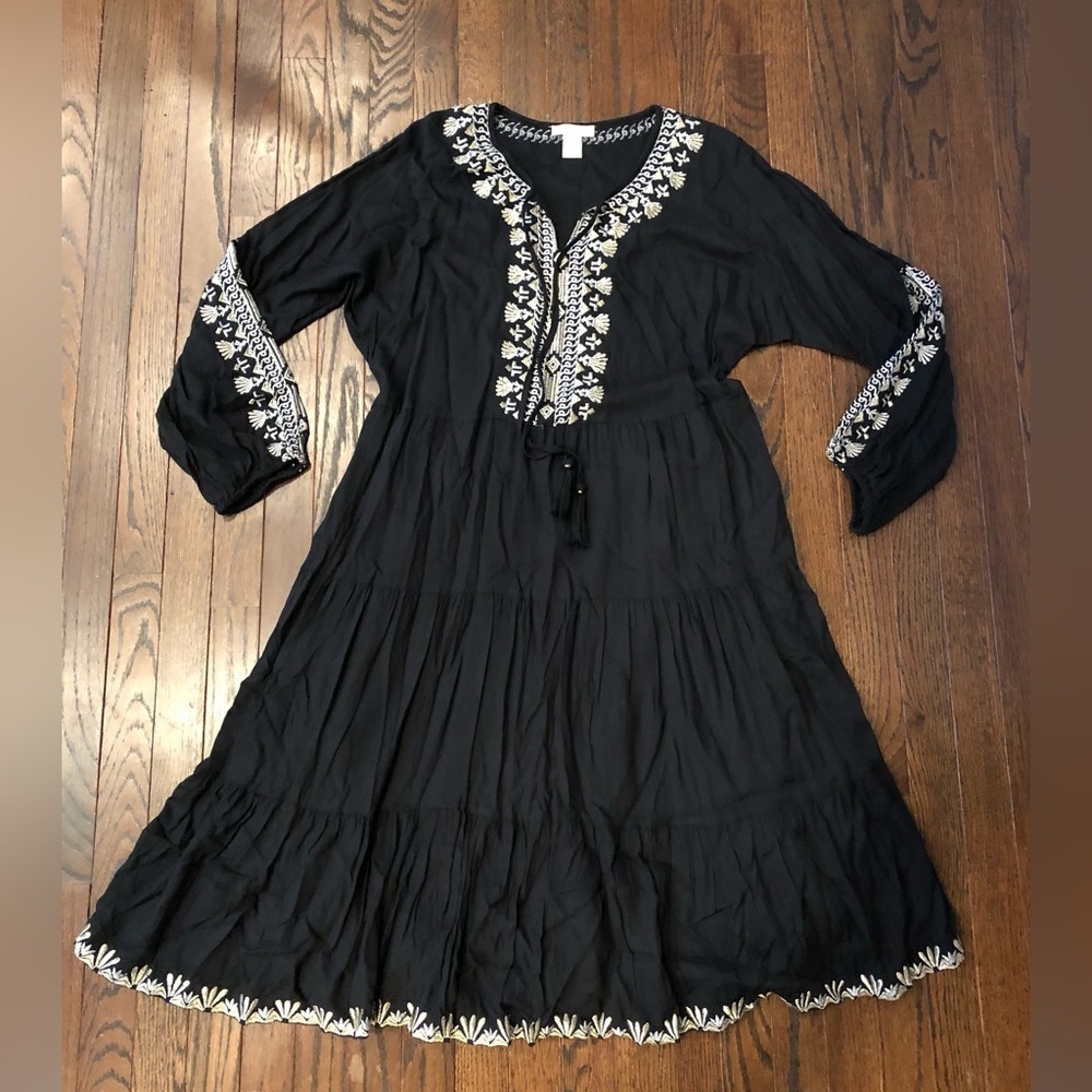 Rachel Zoe M Black CottageCore Geometric Embroidered Tiered Midi Boho Dress -EUC
